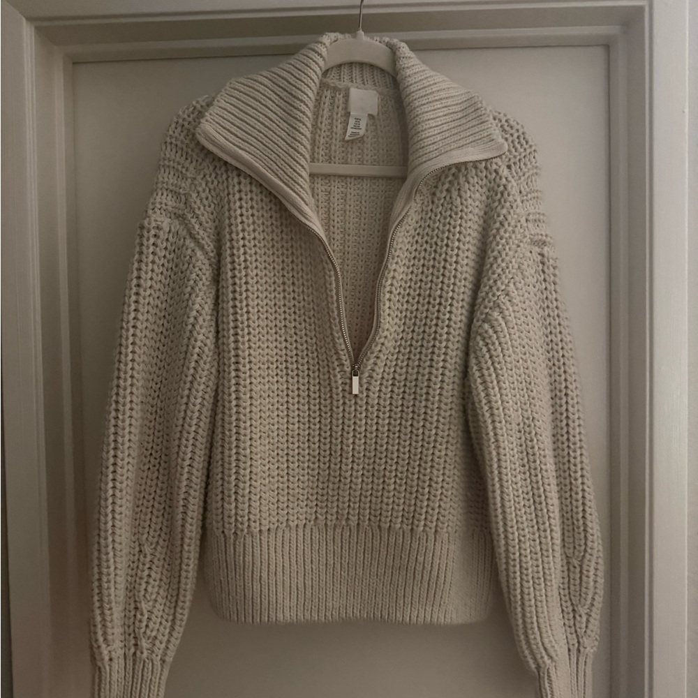 H&M Cream Half-Zip Chunky Knit Turtleneck Sweater